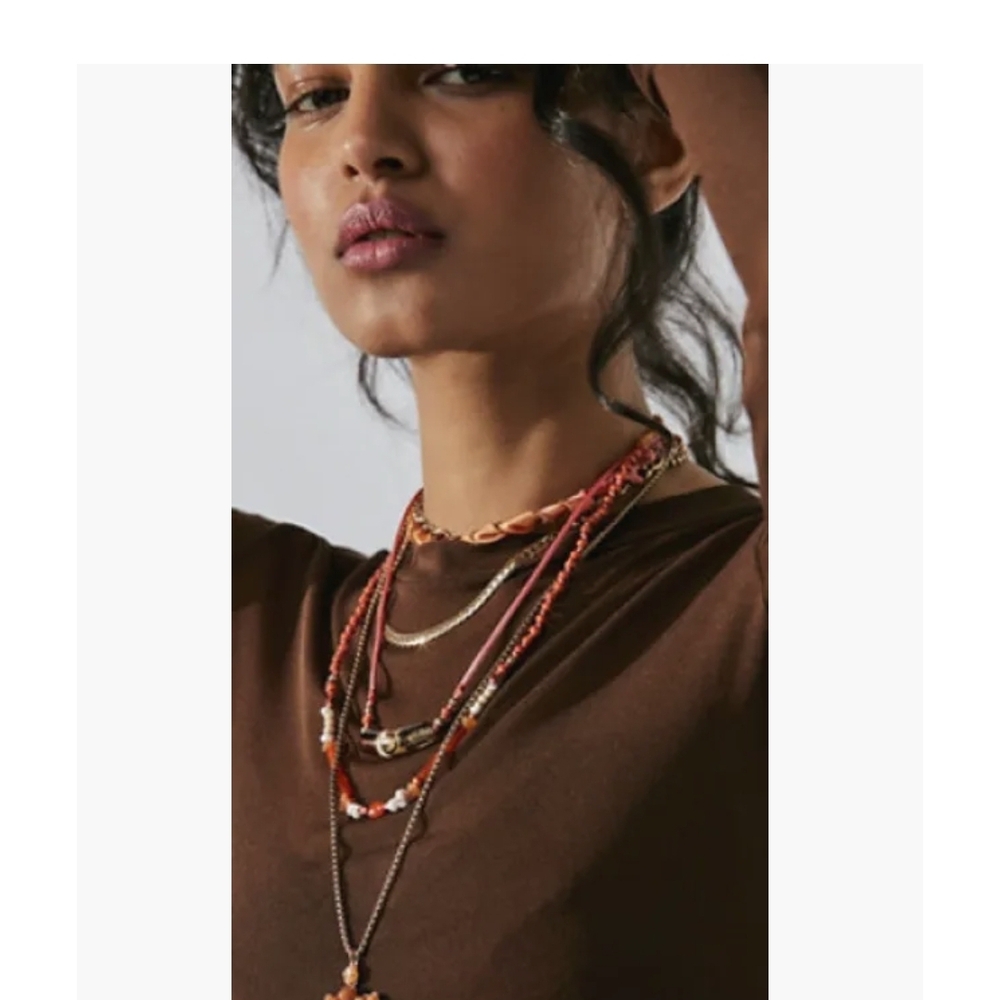 Free People Aacademia Layered Coral and Gold Beaded Necklace Set NWT